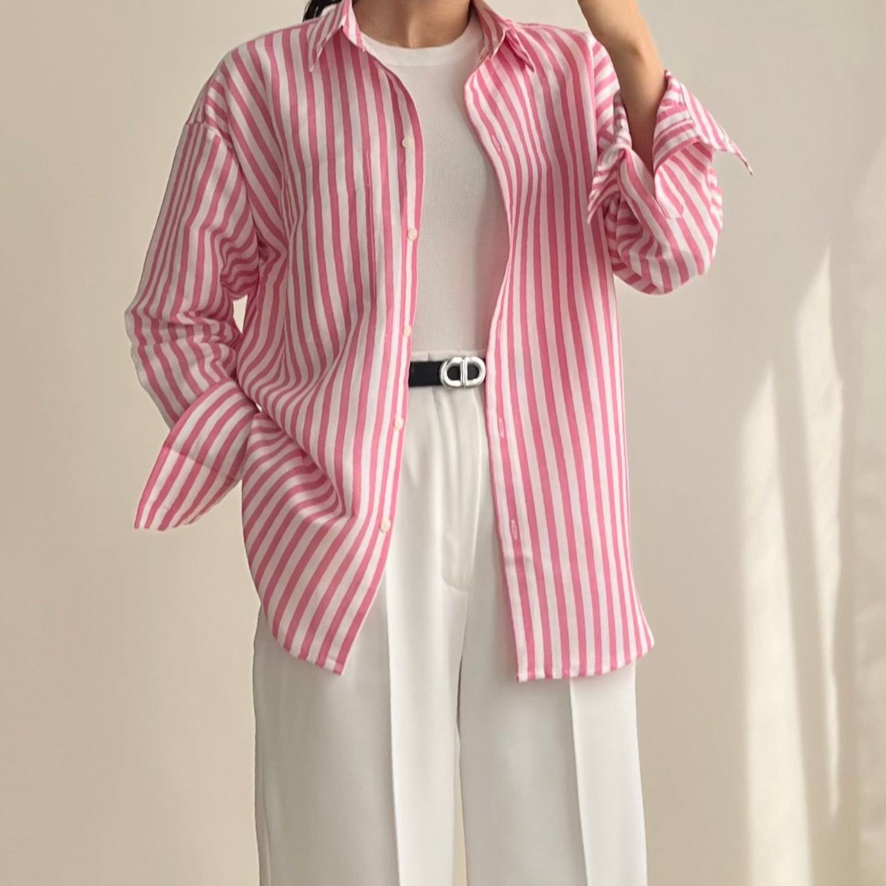 شومیز لینن راهراه پینک - Image 2