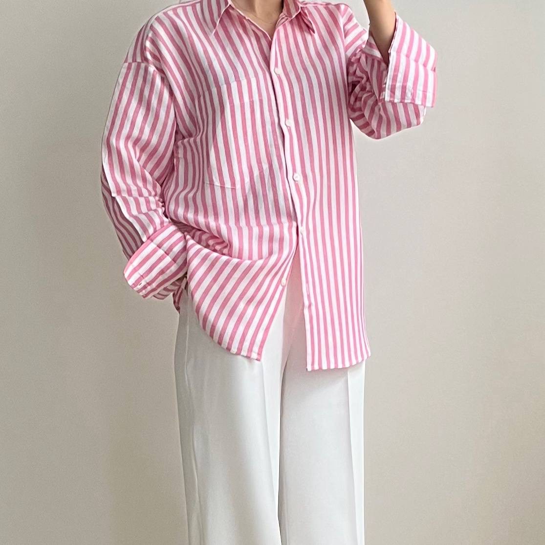 شومیز لینن راهراه پینک - Image 3